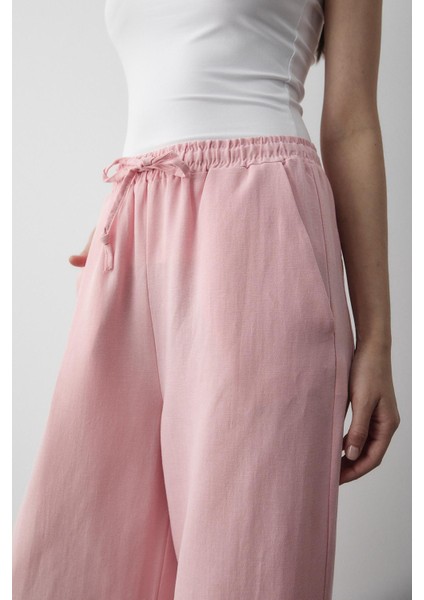 Pembe Beli Lastikli Pamuklu Keten Pantolon fırsatları