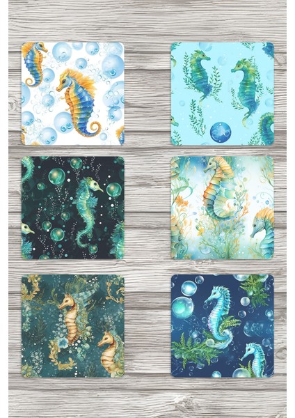 Denizatı Okyanus Temalı No:1 Baskılı 6'lı Set Dekoratif Ahşap Kare Bardak Altlığı