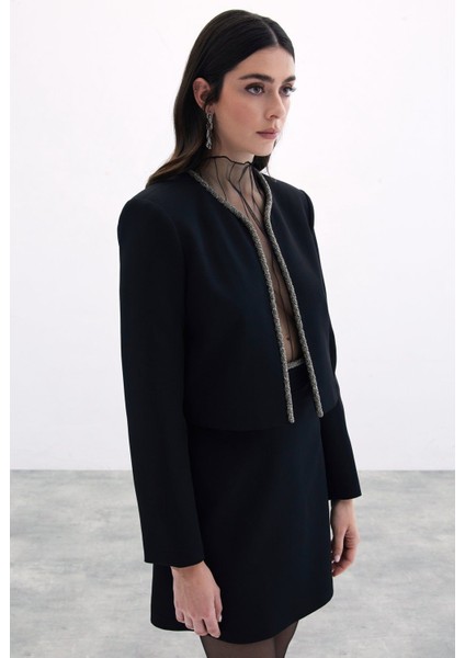 Boncuklu Kısa Ceket - Siyah indirimleri