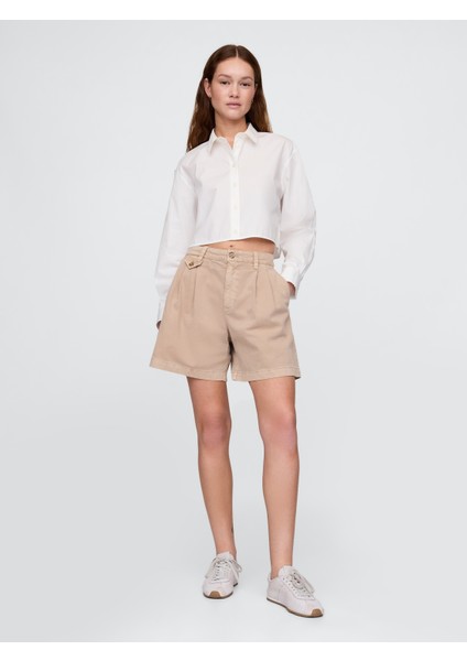 Kadın Haki 6" Mid Rise Twill Pileli Şort Pantolon