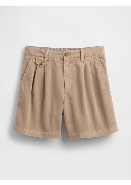 Kadın Haki 6" Mid Rise Twill Pileli Şort Pantolon