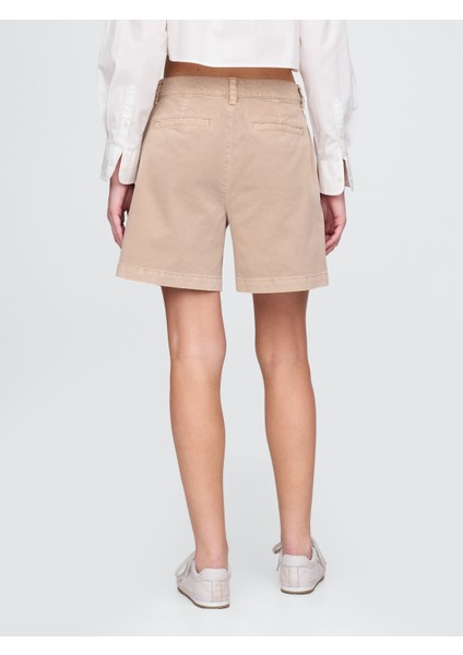 Kadın Haki 6" Mid Rise Twill Pileli Şort Pantolon