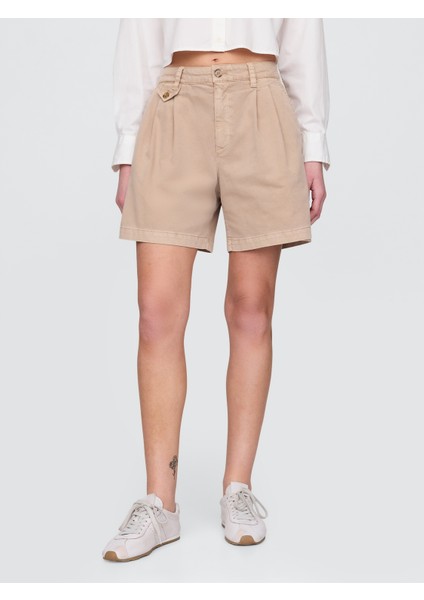 Kadın Haki 6" Mid Rise Twill Pileli Şort Pantolon