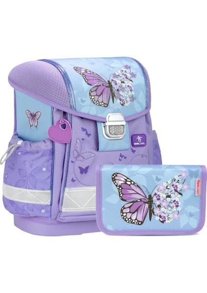 Hafif (900 Gr) Ortopedik Okul Çantası ve Kalemlik 2’li Set - Mor Mavi Kelebek Desenli