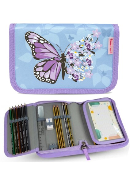 Hafif (900 Gr) Ortopedik Okul Çantası ve Kalemlik 2’li Set - Mor Mavi Kelebek Desenli fırsatları