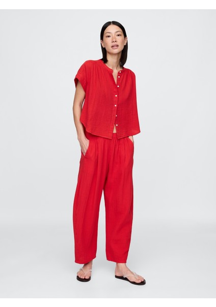Kadın Kırmızı Crinkle Gauze Easy Barrel Pantolon
