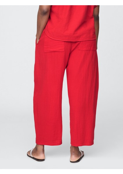 Kadın Kırmızı Crinkle Gauze Easy Barrel Pantolon fırsatları