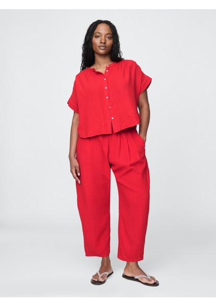 Kadın Kırmızı Crinkle Gauze Easy Barrel Pantolon indirimleri