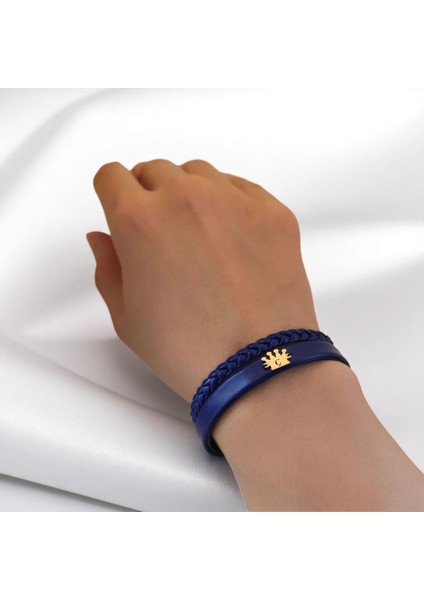 Ç Harfine Özel Doğal Lacivert Derili Taç Motifli 14 Ayar Altın Plakalı Hediye Bileklik-517 Harf