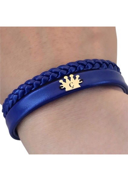 Ç Harfine Özel Doğal Lacivert Derili Taç Motifli 14 Ayar Altın Plakalı Hediye Bileklik-517 Harf fırsatları