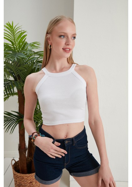 Beyaz Fitted/vücuda Oturan Iki Omuzu Açık Miami Fitilli Esnek Örme Bluz fiyatları