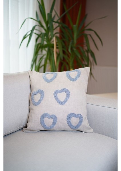 Homesepet Punch Nakışlı Keten Kırlent Kılıfı Kalp Desenli ( 2 Adet)