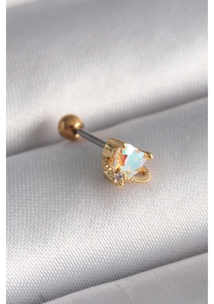 316L Çelik Gold Renk Zirkon Taşlı Kalp Tragus Piercing
