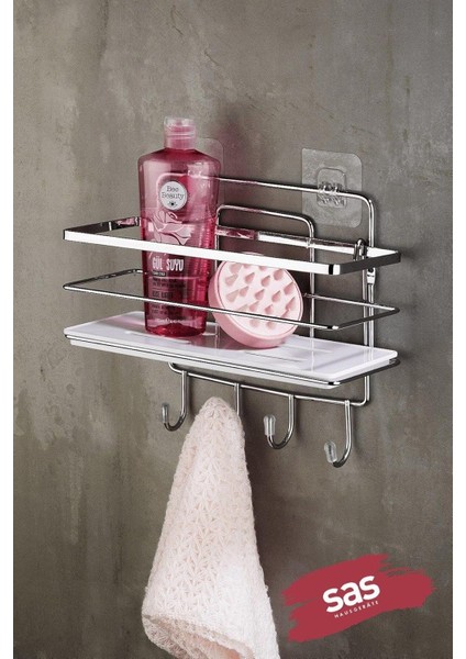 Haus Yapışkanlı Ömür Boyu Paslanmaz Ayarlanabilir Raf Banyo Düzenleyici Şampuanlık Krom Beyaz Lş-01