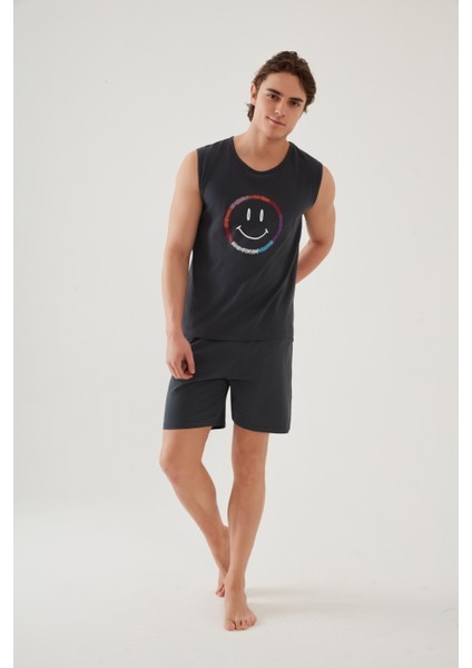 Erkek Pamuklu Sıfır Kollu Baskı Detaylı Şortlu Pijama Takımı fiyatları