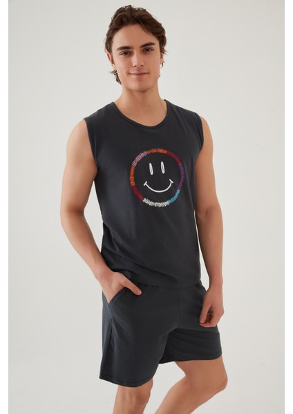 Erkek Pamuklu Sıfır Kollu Baskı Detaylı Şortlu Pijama Takımı modelleri