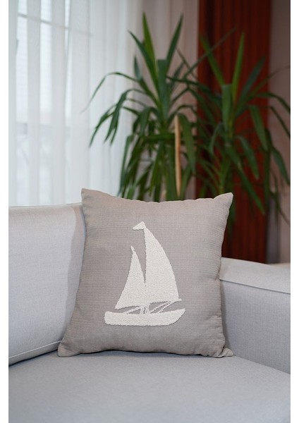 Homesepet Punch Nakışlı Keten Kırlent Kılıfı Yelkenli Desenli (2 Adet)