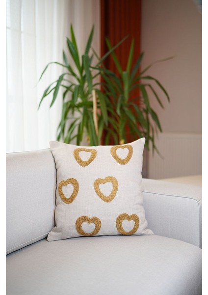 Homesepet Punch Nakışlı Keten Kırlent Kılıfı Kalp Desenli ( 2 Adet)