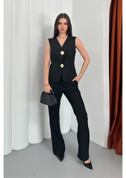 Kadın Ikili Alt Üst Takım Şık Düğme Detaylı Yelek Pantolon Takım