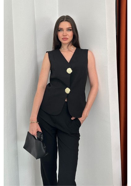 Kadın Ikili Alt Üst Takım Şık Düğme Detaylı Yelek Pantolon Takım modelleri