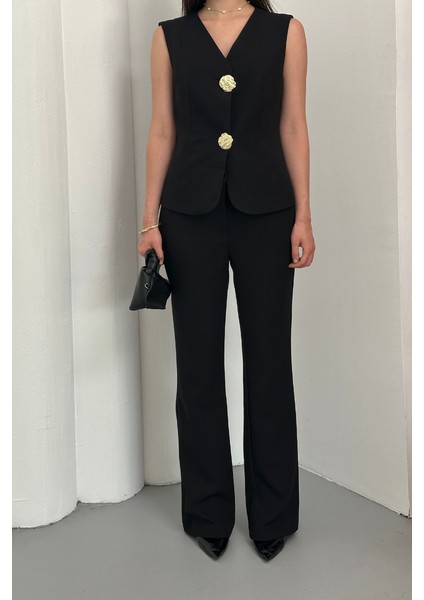 Kadın Ikili Alt Üst Takım Şık Düğme Detaylı Yelek Pantolon Takım fırsatları