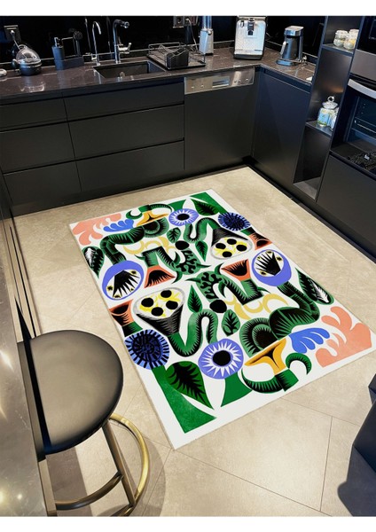 Buse Koleksiyonu Çok Renkli Soyut Şekiller Desenli Dokuma Taban Modern Dekoratif Halı BUSE13