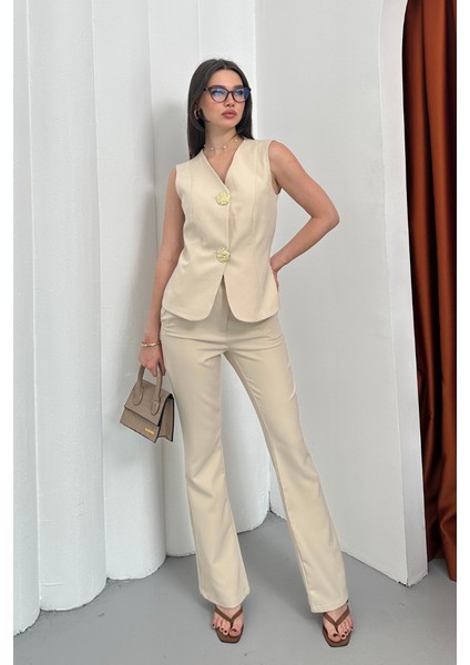 Kadın Ikili Alt Üst Takım Şık Düğme Detaylı Yelek Pantolon Takım