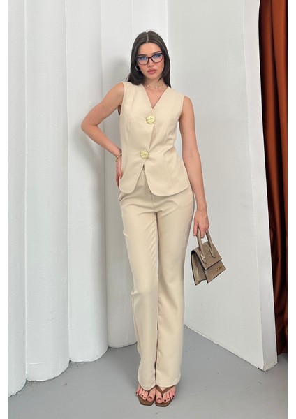 Kadın Ikili Alt Üst Takım Şık Düğme Detaylı Yelek Pantolon Takım fiyatları