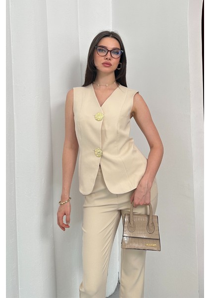 Kadın Ikili Alt Üst Takım Şık Düğme Detaylı Yelek Pantolon Takım modelleri