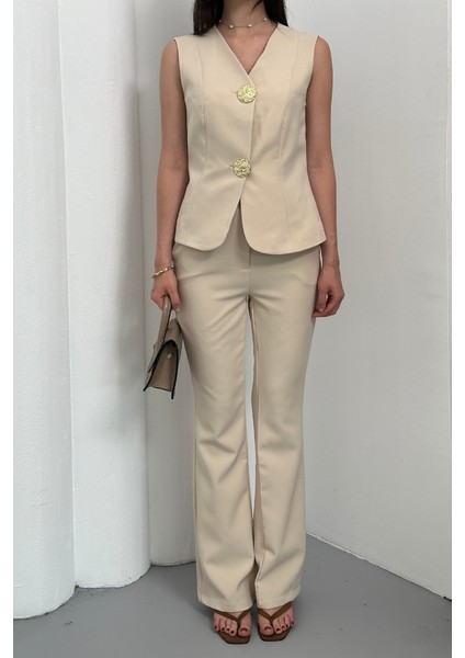 Kadın Ikili Alt Üst Takım Şık Düğme Detaylı Yelek Pantolon Takım fırsatları