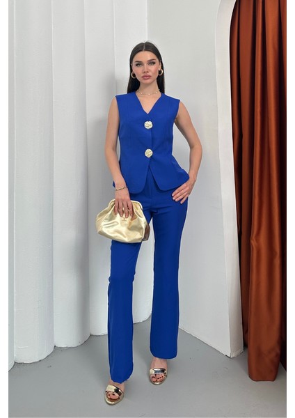 Kadın Ikili Alt Üst Takım Şık Düğme Detaylı Yelek Pantolon Takım fiyatları