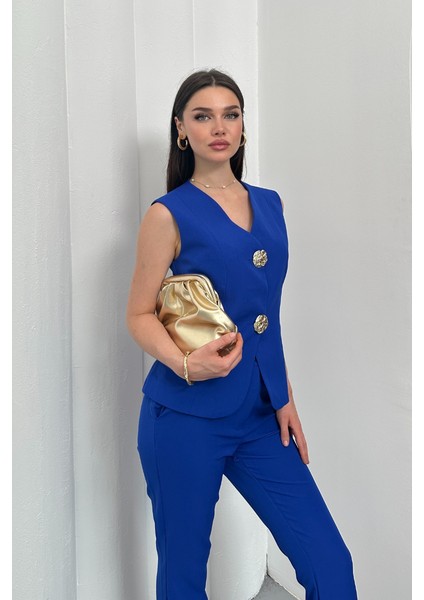 Kadın Ikili Alt Üst Takım Şık Düğme Detaylı Yelek Pantolon Takım modelleri