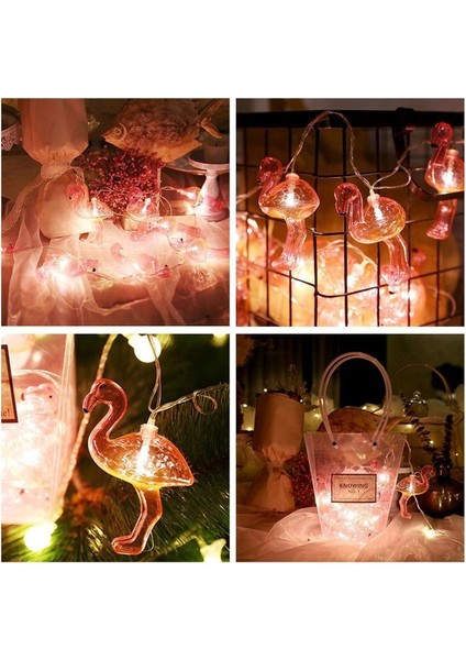 10'lu Renkli Pilli LED Flamingo Işık Zinciri, 1,5 Mt, Dekoratif Aydınlatma