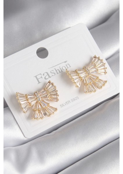 Pirinç Gold Renk Zirkon Taşlı Kurdele Model Kadın Küpe