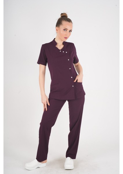 Aylu Model Soft Likra Mürdüm Doktor Hemşire Hastane Scrubs Üniforma Takımı