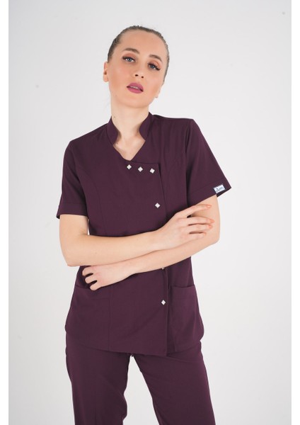 Aylu Model Soft Likra Mürdüm Doktor Hemşire Hastane Scrubs Üniforma Takımı