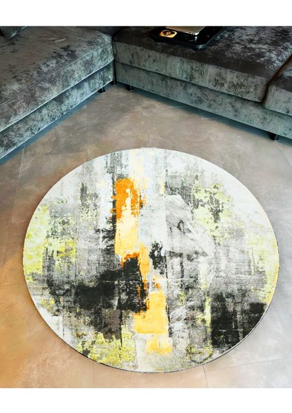 Barcelona Koleksiyonu Yuvarlak Gri Sarı Soyut Desenli Dokuma Taban Modern Dekoratif Halı BARCELONA75
