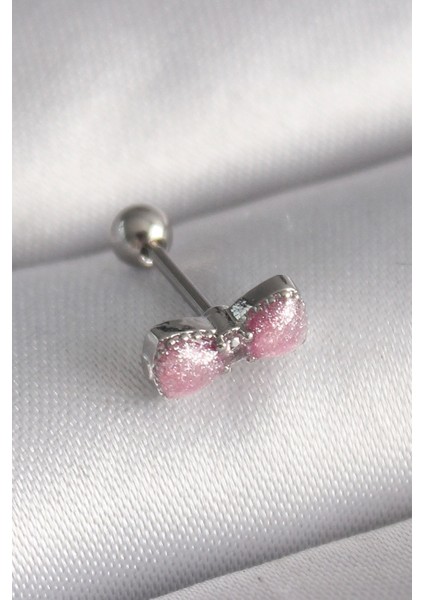 316L Çelik Gümüş Renk Pembe Kurdele Zirkon Taş Detay Tragus Piercing