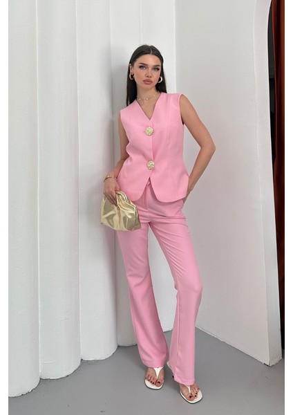 Kadın Ikili Alt Üst Takım Şık Düğme Detaylı Yelek Pantolon Takım