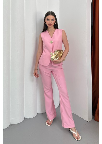 Kadın Ikili Alt Üst Takım Şık Düğme Detaylı Yelek Pantolon Takım fiyatları