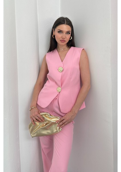 Kadın Ikili Alt Üst Takım Şık Düğme Detaylı Yelek Pantolon Takım modelleri