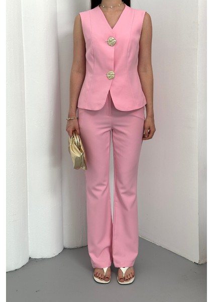 Kadın Ikili Alt Üst Takım Şık Düğme Detaylı Yelek Pantolon Takım fırsatları