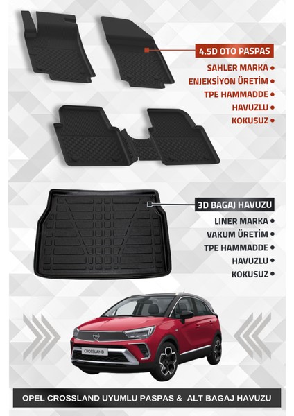 Opel Crossland 2017+ Uyumlu 4.5d Premium Havuzlu Oto Paspas ve Liner Marka 3D Alt Bagaj Havuzu