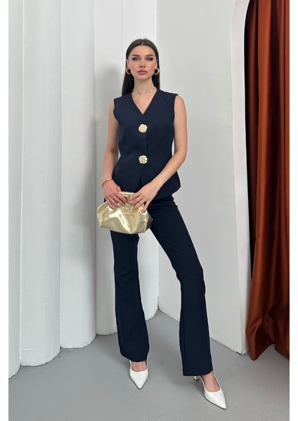 Kadın Ikili Alt Üst Takım Şık Düğme Detaylı Yelek Pantolon Takım