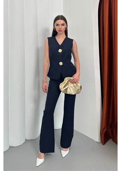 Kadın Ikili Alt Üst Takım Şık Düğme Detaylı Yelek Pantolon Takım fiyatları