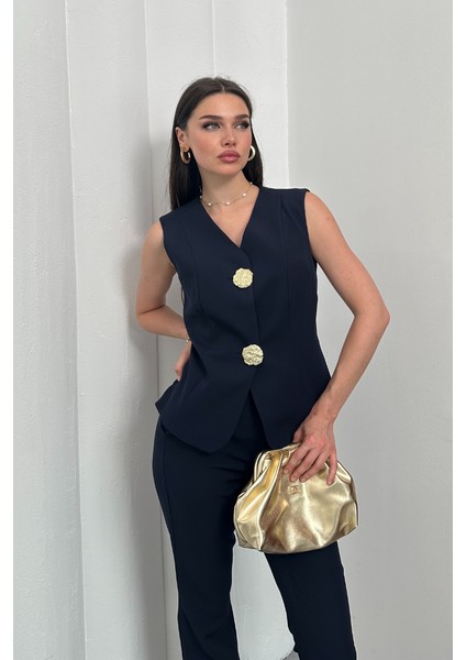 Kadın Ikili Alt Üst Takım Şık Düğme Detaylı Yelek Pantolon Takım modelleri