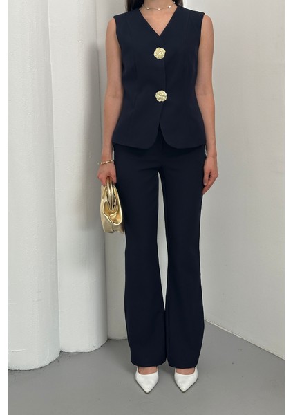 Kadın Ikili Alt Üst Takım Şık Düğme Detaylı Yelek Pantolon Takım fırsatları