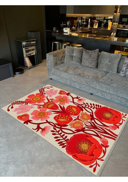 Barcelona Koleksiyonu Kırmızı Tonlarda Floral Gül Desenli Modern Dekoratif Halı 13