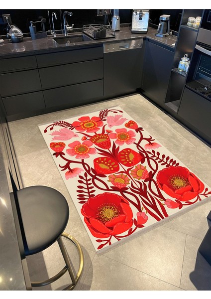 Barcelona Koleksiyonu Kırmızı Tonlarda Floral Gül Desenli Modern Dekoratif Halı 13