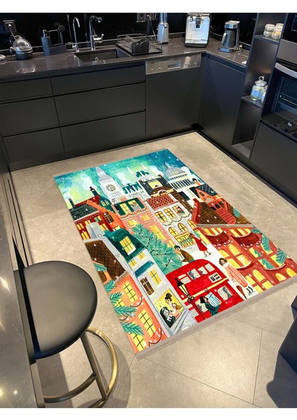 Barcelona Koleksiyonu Karikatürist Temalı Kış Gecesi'nde Şehir Desenli Modern Dekoratif Halı 10 modelleri